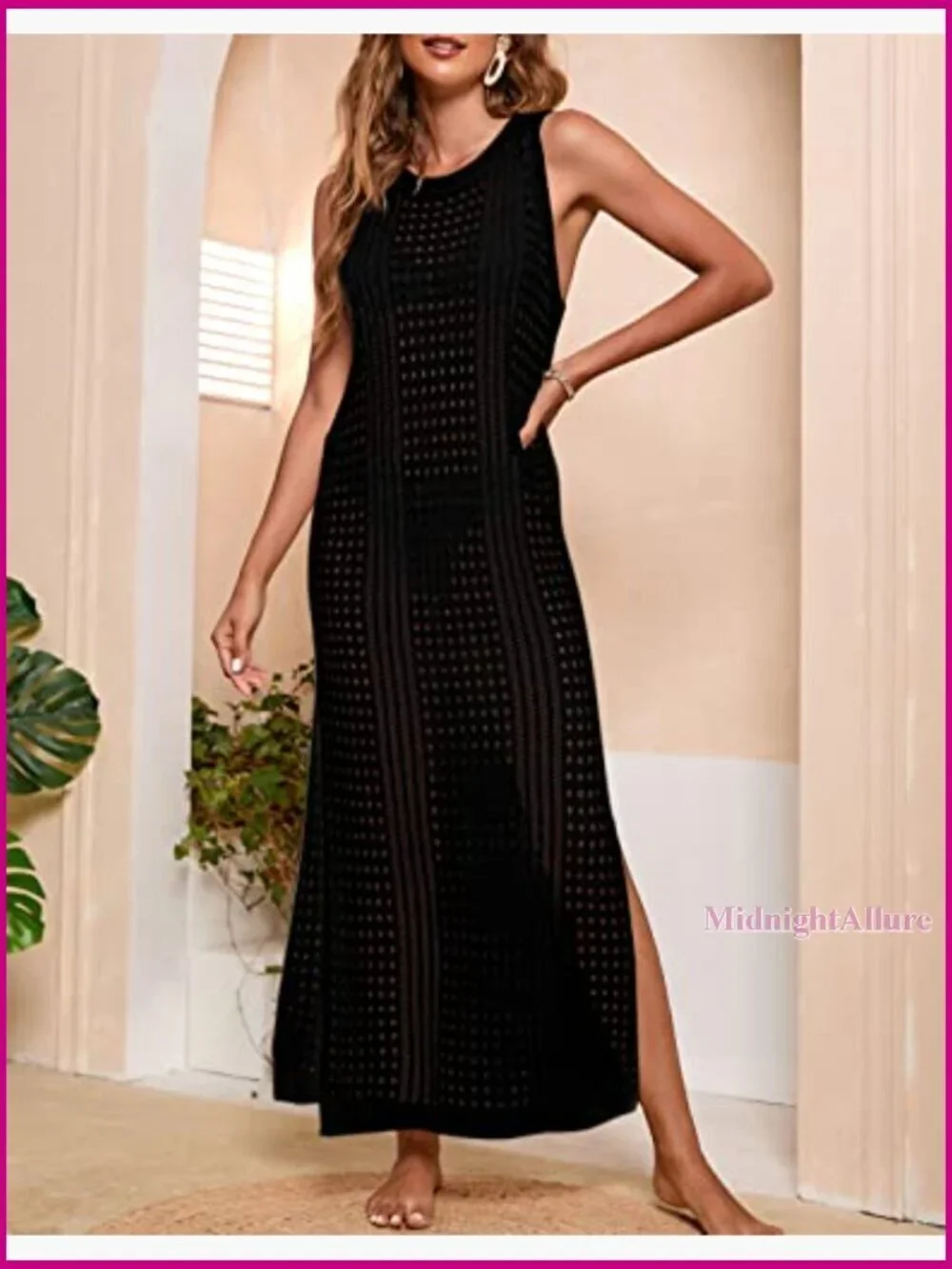 Crochet Beach Cover Up Dress Sleeveless Side Split Hollow Out Polyester